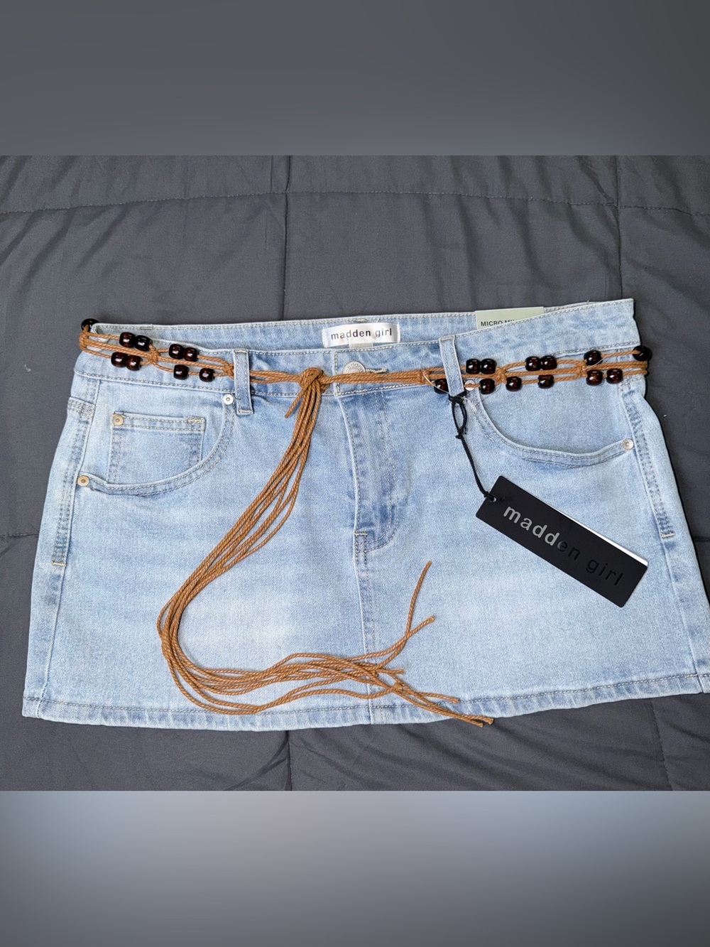 Madden Girl Juniors Denim Micro Mini Skirt Size L Blue Beaded Belt NWT